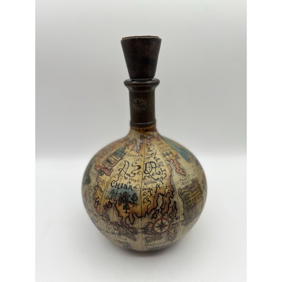 Vintage Italian Globe Liquor Decanter Bottle Old World Map Design Leather Top - Picture 1 of 11